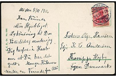 10 pfg. Germania på brevkort annulleret Hörup *(Alsen)* d. 9.11.1912 til Thorup pr. Højby, Fyn, Danmark.