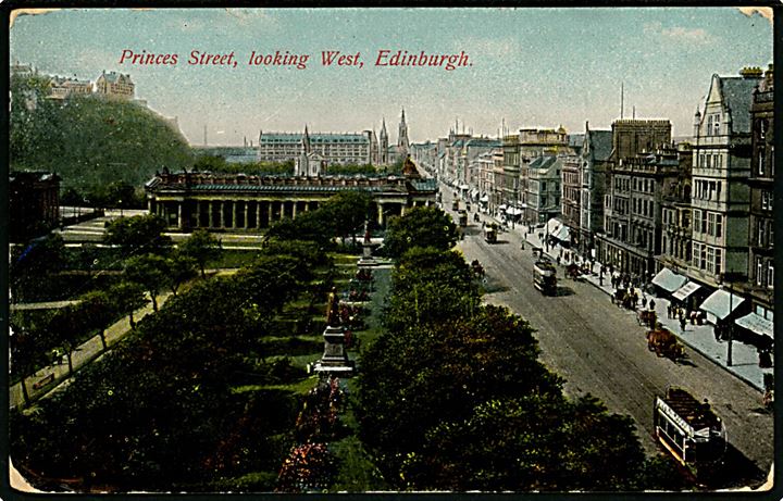Britisk 1d George V på brevkort (Edinburgh, Princes Street) påskrevet S/S Tjaldur fra Edinburgh d. 1.4.1912 til Klaksvig, Færøerne.