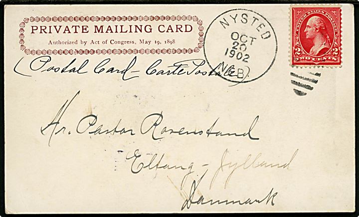 2 cents Washington på private mailing card stemplet Nysted Neb. d. 20.10.1902 via Foreign Branch N.Y. d. 22.10.1902 til Eltang, Danmark.