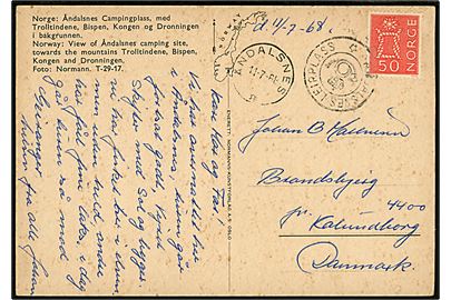 50 øre Knob på brevkort annulleret med kronet posthornstempel ÅNDALSNES LEIRPLASS og sidestemplet Åndalsnes d. 11.7.1968 til Kalundborg, Danmark.