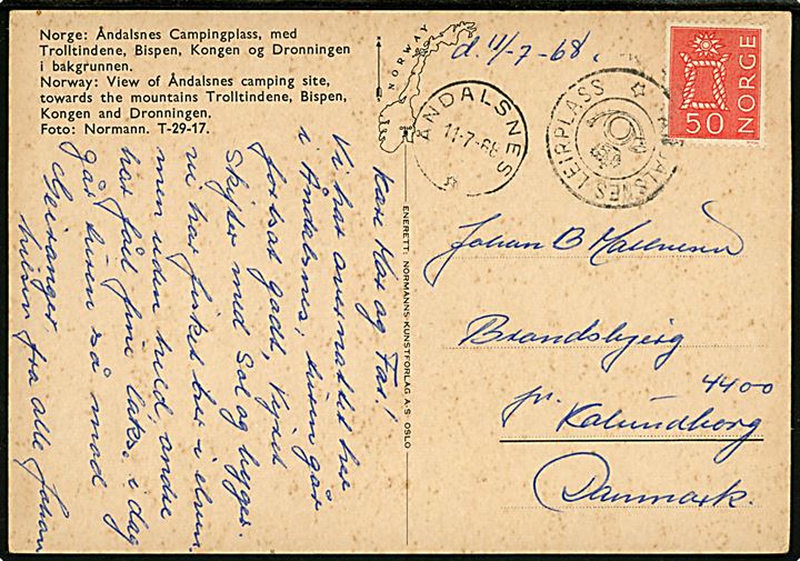 50 øre Knob på brevkort annulleret med kronet posthornstempel ÅNDALSNES LEIRPLASS og sidestemplet Åndalsnes d. 11.7.1968 til Kalundborg, Danmark.