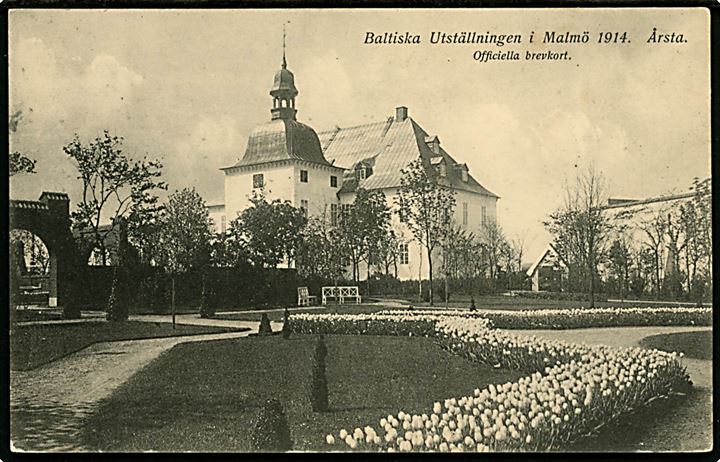 5 öre Gustaf i parstykke på officiel Baltisk Udstilling brevkort annulleret Malmö Balt. Utst. d. 20.5.1914 til Nørre Alslev, Danmark.