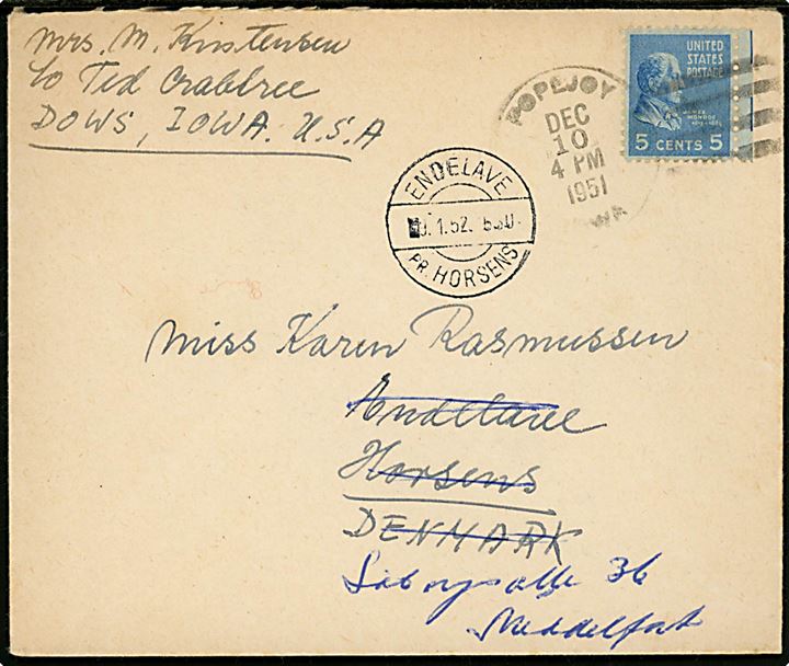 Amerikansk 5 cents Monroe på brev fra Popejoy d. 10.12.1951 til Endelave, Horsens, Danmark - eftersendt til Middelfart med pr.stempel Endelave pr. Horsens d. 9.1.1952.