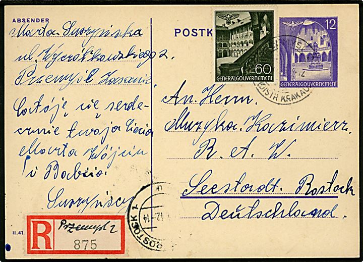 Generalgouvernement. 12 gr. helsagsbrevkort opfrankeret med 60 gr. sendt anbefalet fra Przemyśl d. 8.4.1942 til Rostock, Tyskland.