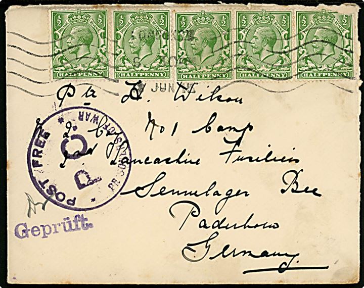 ½d George V (5 - ene defekt) på brev fra London d. 18.6.1915 til menig i Lancashire Fusiliers i tysk krigsfangelejr Sennelager b. Paderborn, Tyskland. Britisk stempel Post Free * P.C. * Prisoners of War og tysk censurstempel Geprüft.