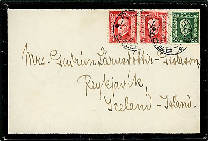 50 h. og 1 krc. (2) Masaryk på sørgekuvert fra Prag d. 17.11.1928 til Reykjavik, Island. God destination.