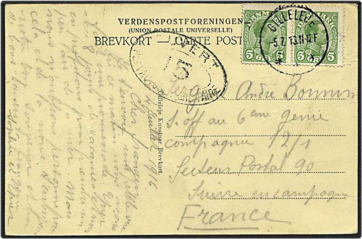 5 øre grøn Chr. X på postkort fra Gilleleje d. 5.7.1916 til Frankrig. Fransk censur.