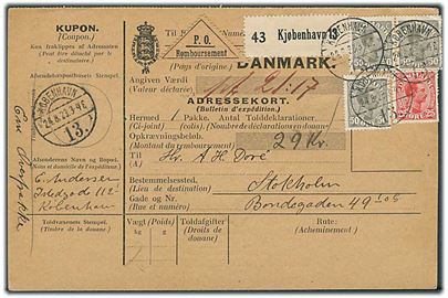 25 øre og 50 øre (3) Chr. X på internationalt adressekort for pakke med opkrævning fra København d. 24.8.1923 til Stockholm, Sverige. 2 mærker yderligt placeret.