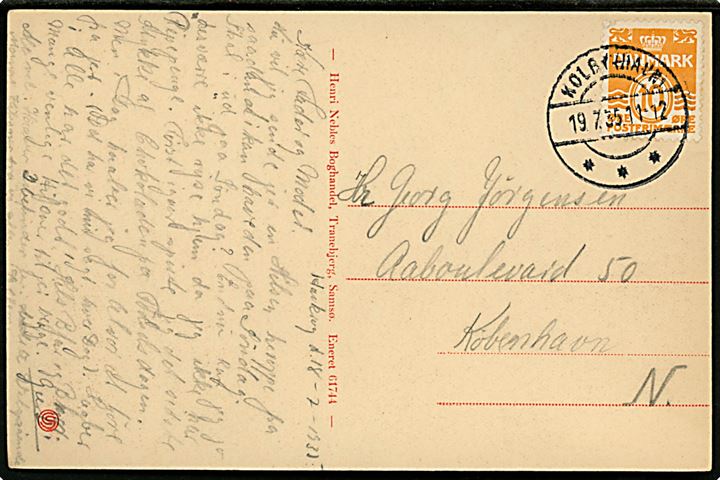 10 øre Bølgelinie på brevkort (Samsø, Kapellet i Langøre) annulleret med brotype IIc skibsstempel Kolby (Havn) d. 19.7.1935 til København.