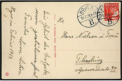15 øre Karavel på brevkort annulleret med brotype Vb Højer B. d. 14.2.1928 til Flensburg, Tyskland.