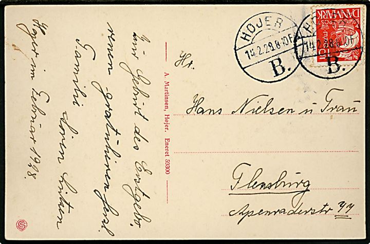 15 øre Karavel på brevkort annulleret med brotype Vb Højer B. d. 14.2.1928 til Flensburg, Tyskland.