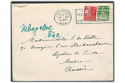 10 øre Bølgelinie og 15 øre Karavel på brev fra København d. 23.4.1929 til Moskva, Rusland.