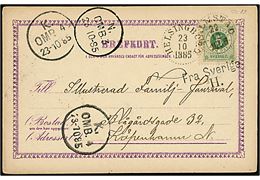 5 öre Ringtype på brevkort fra Helsingborg d. 22.10.1885 til København, Danmark. Skibsstempel Fra Sverige H. og flere københavnske ombæringsstempler fra d. 23.10.1885.