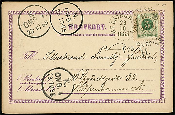 5 öre Ringtype på brevkort fra Helsingborg d. 22.10.1885 til København, Danmark. Skibsstempel Fra Sverige H. og flere københavnske ombæringsstempler fra d. 23.10.1885.