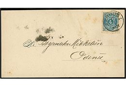 4 øre Tofarvet på tryksagskort fra firma Julius Torp annulleret med lapidar Aarhus I d. 27.1.1887 til Odense. 