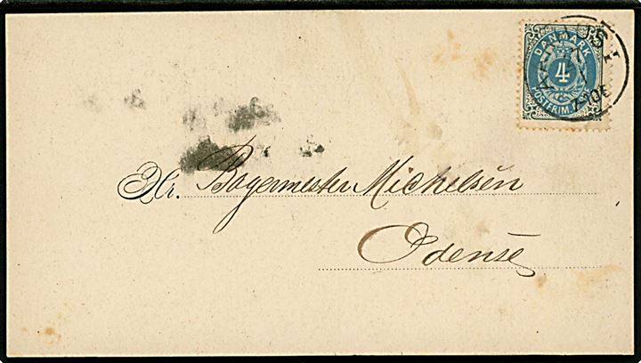 4 øre Tofarvet på tryksagskort fra firma Julius Torp annulleret med lapidar Aarhus I d. 27.1.1887 til Odense. 