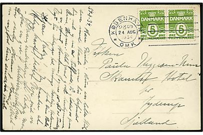 5 øre Bølgelinie i parstykke på brevkort annulleret med forsøgs-maskinstempel København * OMK * d. 24.8.1934 til Jyderup.