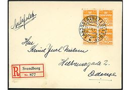 10 øre Bølgelinie i fireblok på anbefalet brev annulleret med særstempel Landsstævnet i Ollerup d. 28,7,1935 til Odense. Påsat rec.-etiket fra Svendborg.