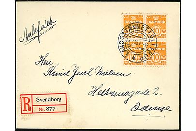 10 øre Bølgelinie i fireblok på anbefalet brev annulleret med særstempel Landsstævnet i Ollerup d. 28,7,1935 til Odense. Påsat rec.-etiket fra Svendborg.