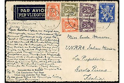 3,75 fr. blandingsfrankeret luftpost brevkort fra Gent d. 3.9.1946 til dansk kvinde ved UNRRA Italian Mission i Ascoli Piceno, Italien. UNRRA = United Nations Relief and Rehabilitation Administration.