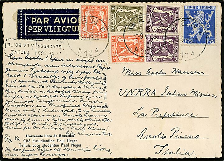 3,75 fr. blandingsfrankeret luftpost brevkort fra Gent d. 3.9.1946 til dansk kvinde ved UNRRA Italian Mission i Ascoli Piceno, Italien. UNRRA = United Nations Relief and Rehabilitation Administration.