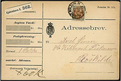 16 øre Tofarvet omv. rm. 18. tryk single på adressebrev for pakke annulleret med lapidar Kjøbenhavn.N d. 17.10.1893 til Roskilde. 