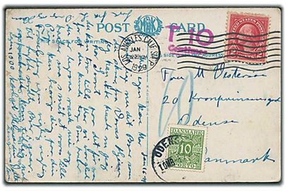 Amerikansk 2 cents Washington på underfrankeret brevkort fra Los Angeles d. 16.1.1929 til Odense, Danmark. Udtakseret i porto med 10 øre Portomærke stemplet Odense d. 5.2.1929.