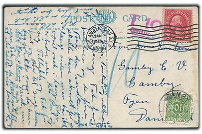 Amerikansk 2 cents Washington på underfrankeret brevkort fra Los Angeles d. x.1.1929 til Gamby, Danmark. Udtakseret i porto med 10 øre Portomærke stemplet Gamby d. 5.2.1929.
