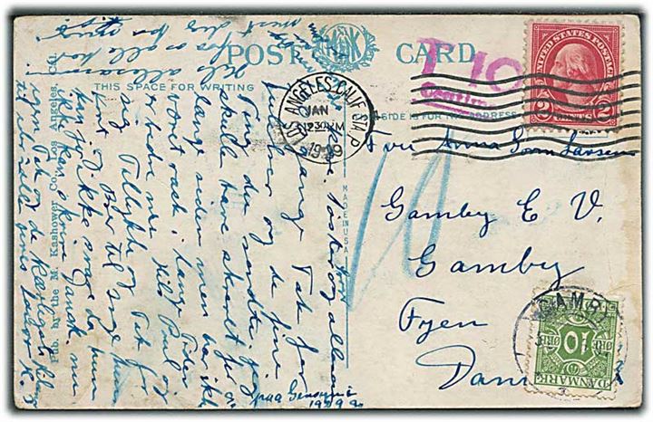 Amerikansk 2 cents Washington på underfrankeret brevkort fra Los Angeles d. x.1.1929 til Gamby, Danmark. Udtakseret i porto med 10 øre Portomærke stemplet Gamby d. 5.2.1929.
