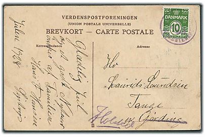 10 øre Bølgelinie på julekort annulleret med posthornstempel SEJSTRUP (GREDSTEDBRO) 1928 til Tange pr. Gørding - ændret til pr. Holsted.