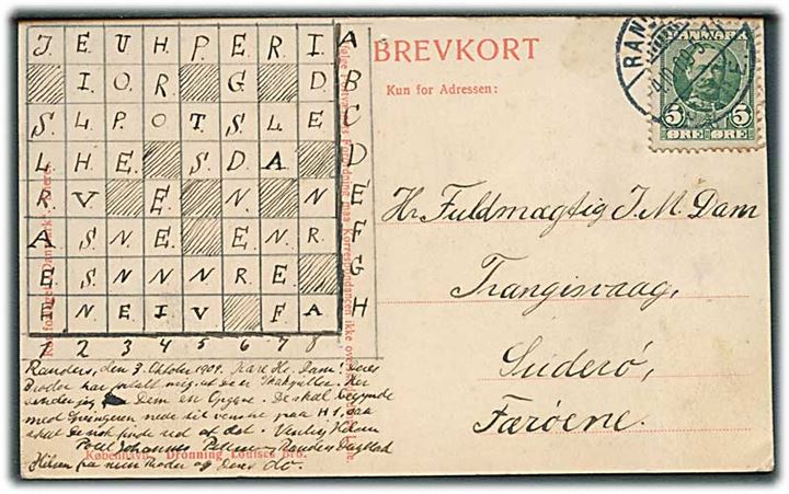 5 øre Fr. VIII på brevkort fra Randers d. 4.10.1909 til Trangisvaag på Færøerne.
