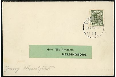 12 øre Chr. X single på brev fra Kjøbenhavn B. sn23 d. 31.7.1918 til Helsingborg, Sverige.