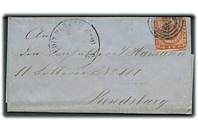 4 sk. 1854 udg. på brev dateret Neumünster d. 30.8.1859 annulleret med svagt nr.stempel og sidestemplet Schlesw.:Spedit:Bureau til Rendsburg.