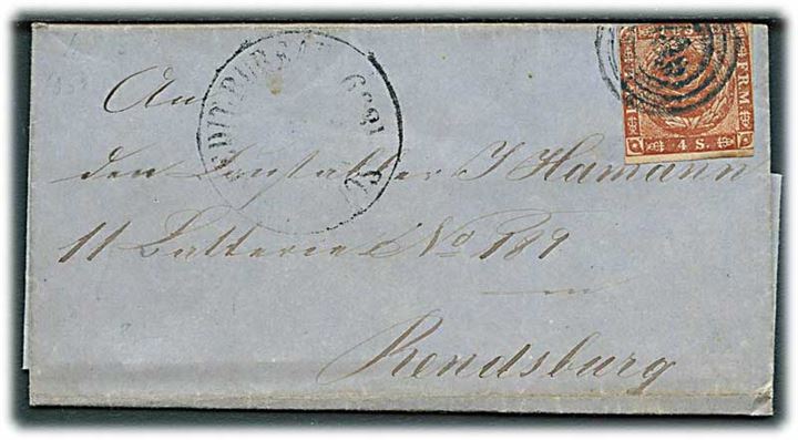 4 sk. 1854 udg. på brev dateret Neumünster d. 30.8.1859 annulleret med svagt nr.stempel og sidestemplet Schlesw.:Spedit:Bureau til Rendsburg.