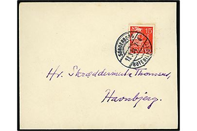 15 øre Karavel på brev annulleret med vanskeligt brotype IIc stempel Sønderborg Rutebilpost d. 13.3.1934 til Havnbjerg. 