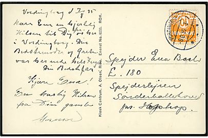 10 øre Bølgelinie på brevkort fra Vordingborg d. 8.8.1935 til pigespejder E.180, Spejderlejren Sønderballe Hoved pr. Hoptrup. KFUK Landslejr blev i 1935 afholdt ved Sønderballe Hoved pr. Hoptrup med 1300 detlagere.