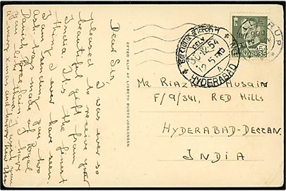 35 øre Fr. IX på brevkort fra Hellerup d. 29.11.1954 til Hyderabad, Indien.
