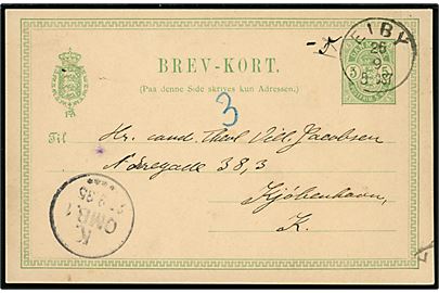5 øre Våben helsagsbrevkort fra Brenderup annulleret lapidar Eiby d. 25.9.1895 til København.