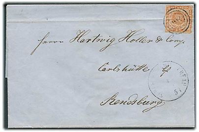 4 sk. 1858 udg. på brev fra Nortorf annulleret med nr.stempel 192 og sidestemplet antiqua Schlesw:Spedit:Bureau d. 4.10.1858 til Rendsburg.