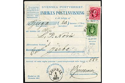 5 öre og 10 öre Oscar II på Inrikes Postanvisning stemplet Simeå d. 8.12.1897 til Järbo.