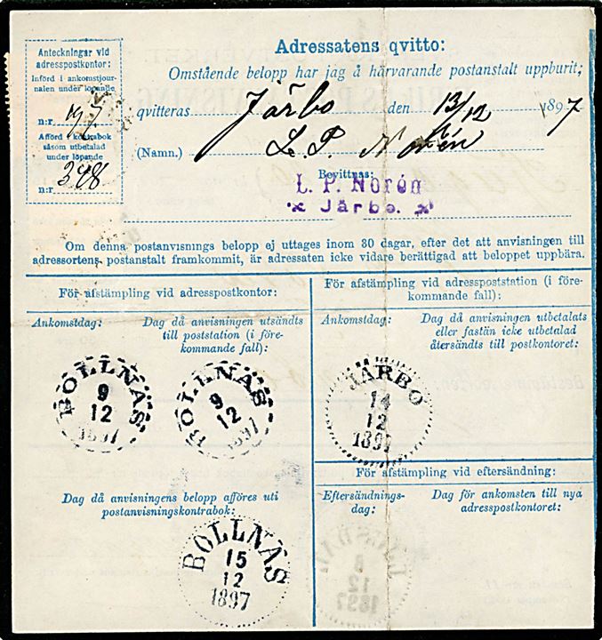 5 öre og 10 öre Oscar II på Inrikes Postanvisning stemplet Simeå d. 8.12.1897 til Järbo.
