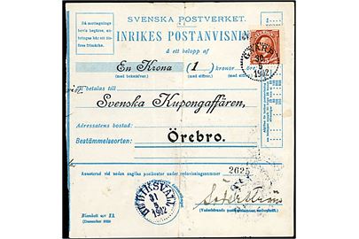 15 öre Oscar II på Inrikes Postanvisning fra Gnarp d. 30.5.1902 til Örebro. 