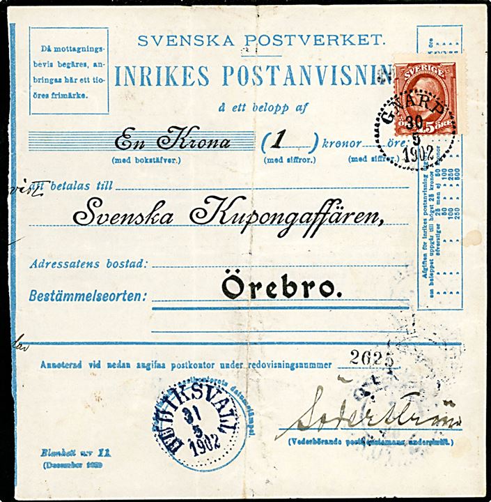 15 öre Oscar II på Inrikes Postanvisning fra Gnarp d. 30.5.1902 til Örebro. 