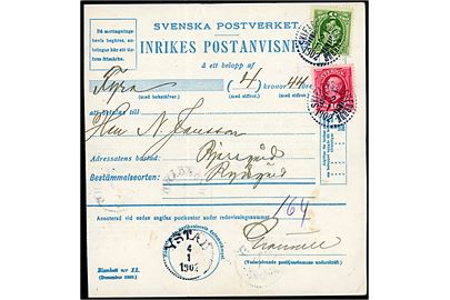 5 öre og 10 öre Oscar II på Inrikes Postanvisning stemplet Skifarps Sockerbruk d. 2.1.1902 via Ystad til Rysgård. 