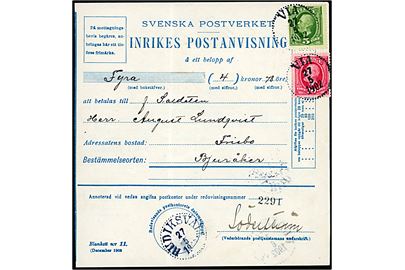 5 öre og 10 öre Oscar II på Inrikes Postanvisning fra Via d. 27.5.1902 via Hudriksvall til Bjuråker