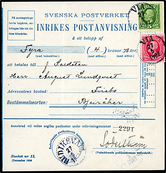 5 öre og 10 öre Oscar II på Inrikes Postanvisning fra Via d. 27.5.1902 via Hudriksvall til Bjuråker