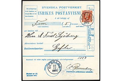 15 öre Oscar II på Inrikes Postanvisning fra Ockelbo d. 23.12.1901 til Gefle. 