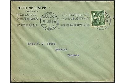 10 øre grøn løvemærke på brev fra Stockholm, Sverige, d. 15.11.1921 til Marstal.