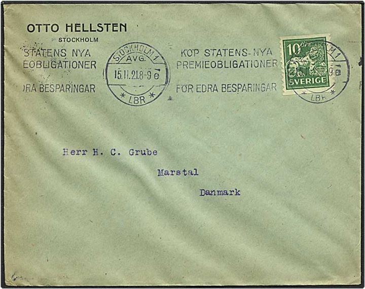 10 øre grøn løvemærke på brev fra Stockholm, Sverige, d. 15.11.1921 til Marstal.