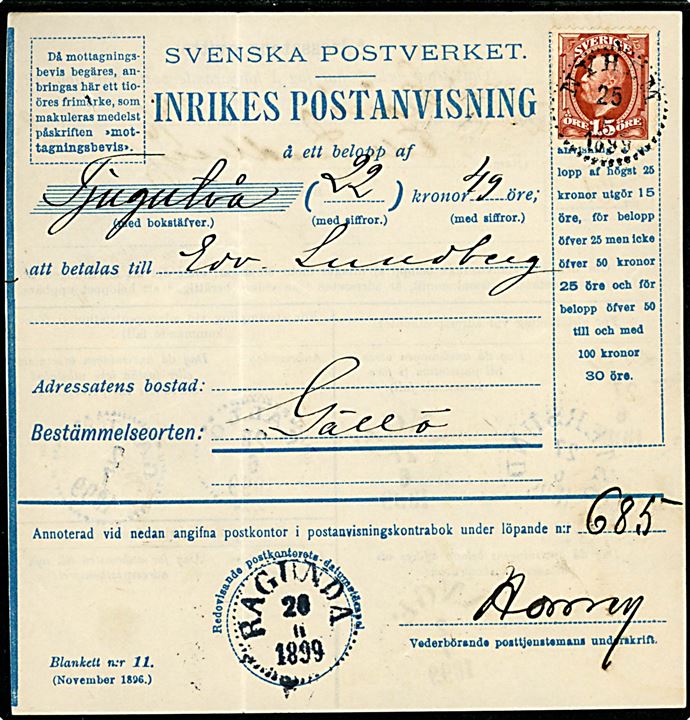 15 öre Oscar II på Inrikes Postanvisning fra Nyhem d. 25.6.1899 via Ragunda, Ånge og Östersund til Gällö.